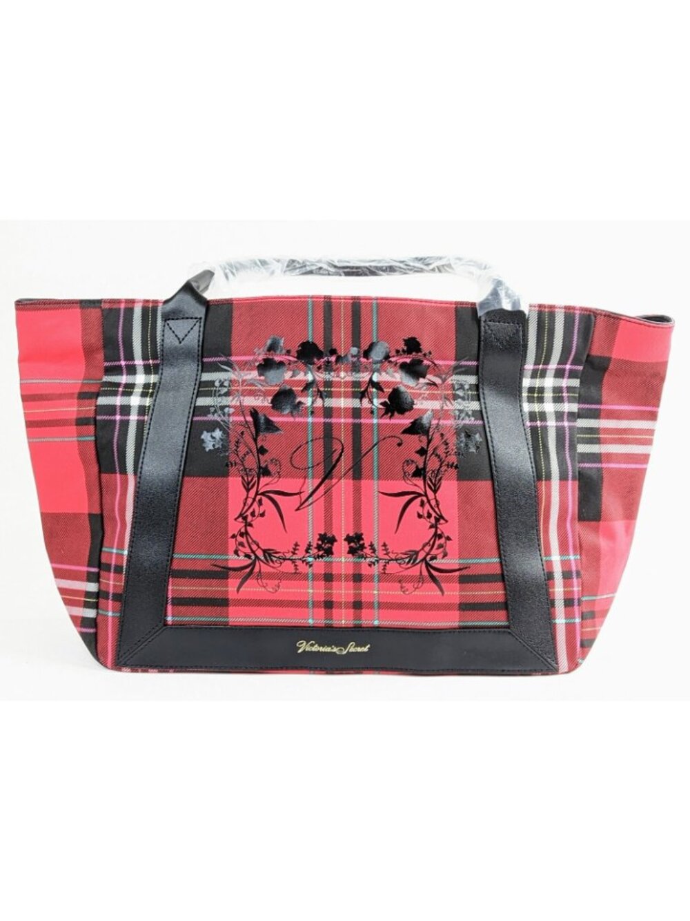 Victoria's Secret Large Tote Bag Red Black Tartan Plaid 2020 New - Picture 7 of 7